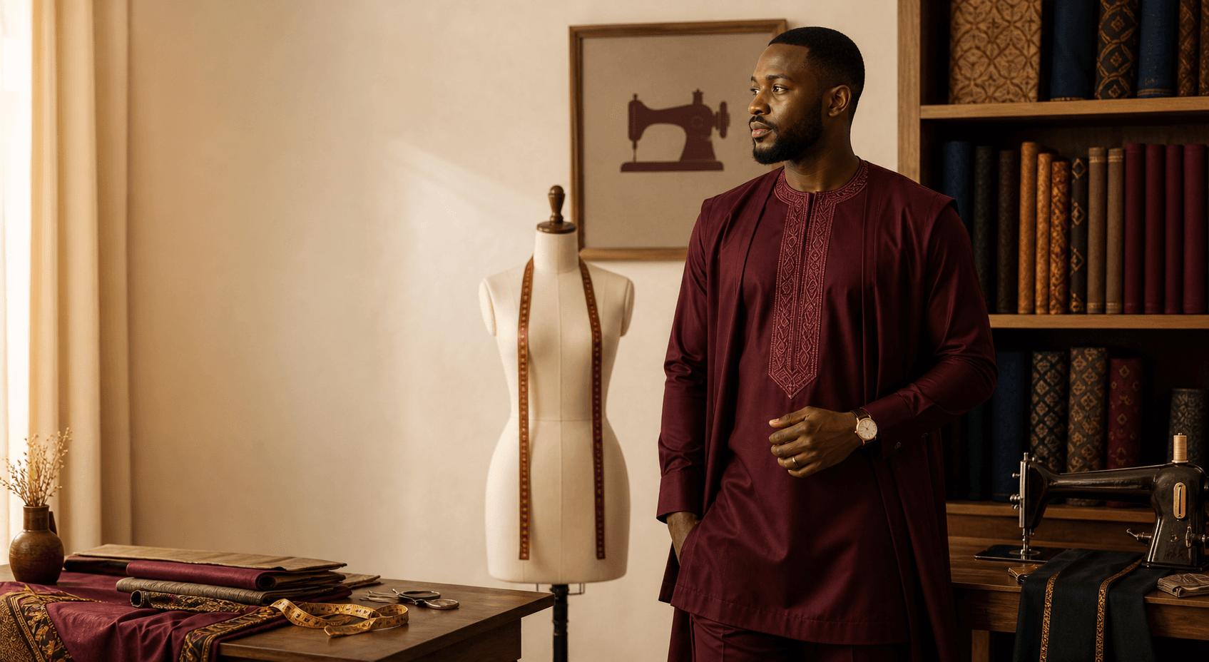 Atelier RUGIS avec mannequin de couture et tenue africaine